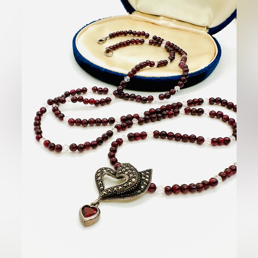 Vintage Silver Marcasite Garnet Bead Heart Necklace
